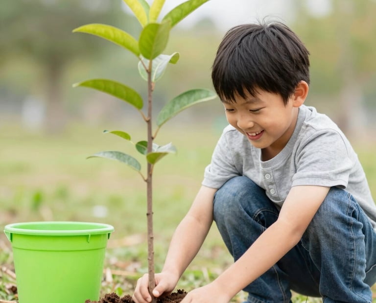 girl wearing blue romper holding teal watering can