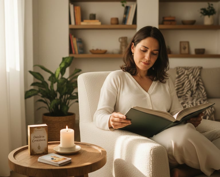 mulher a ler e cartas oráculo da consciência