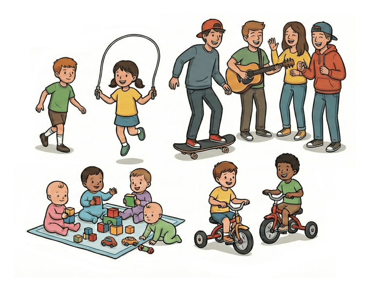 Des personnages représentant des jeunes, du premier âge à l'adolescence