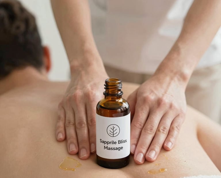 Close-up of hands gently massaging a client's back with aromatic oils in a softly lit spa room.