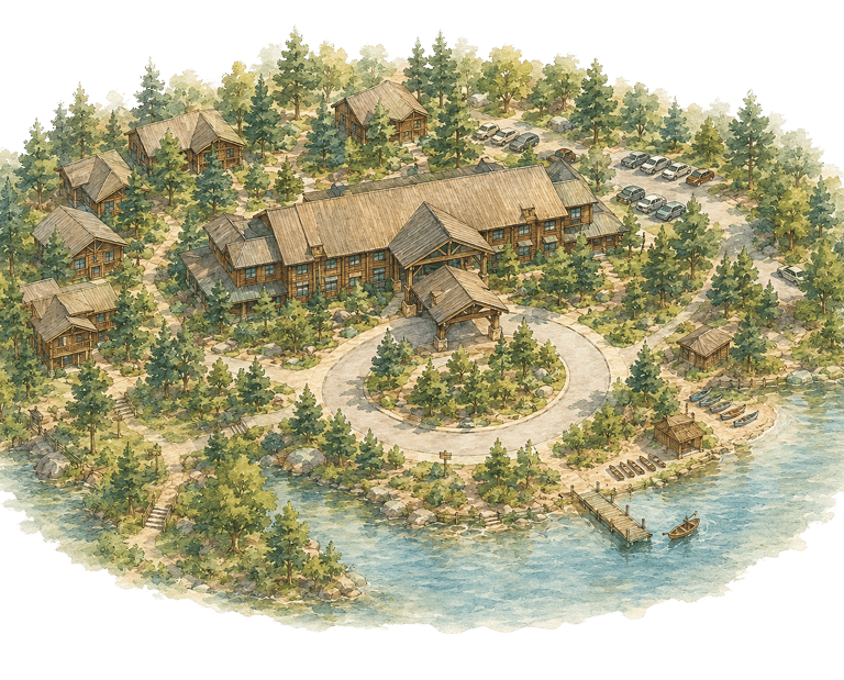 A watercolor illustration of a rustic mountain resort with wooden lodges and pine trees by a lake.