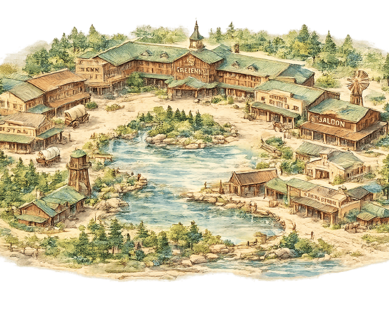 Vintage illustration of a Wild West town map featuring a saloon, hotel, and lake.