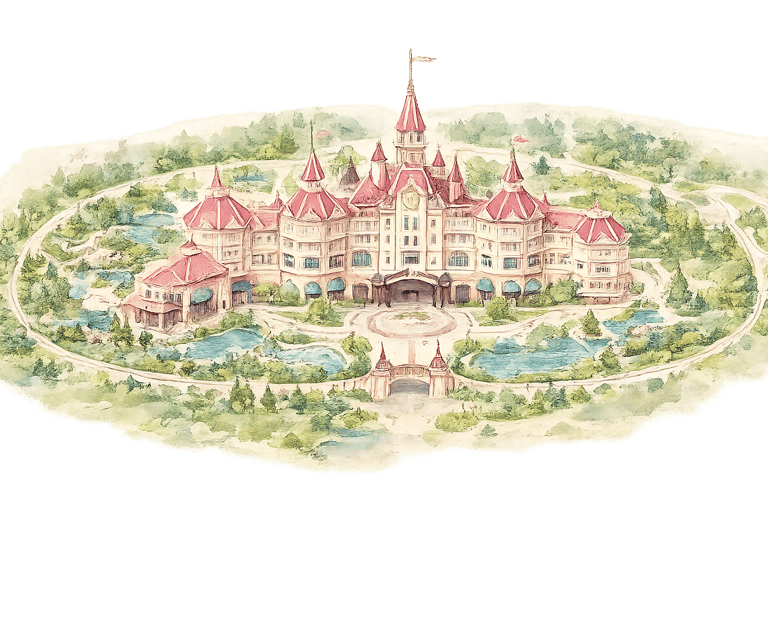 Watercolor illustration of a fairy tale castle with pink roofs, turrets, and surrounding gardens with ponds and paths.