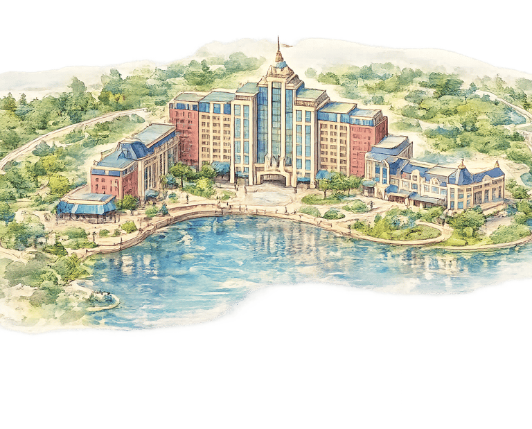 Watercolor architectural rendering of a luxury lakefront resort hotel with blue roofs and lush green gardens.