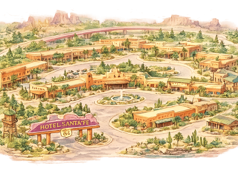 Aerial watercolor illustration of Hotel Santa Fe buildings with desert landscaping and a central fountain.