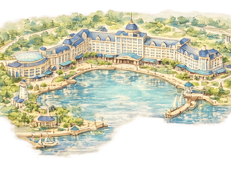Watercolor concept art of a luxury waterfront resort with a blue lake, lighthouse, and pier.