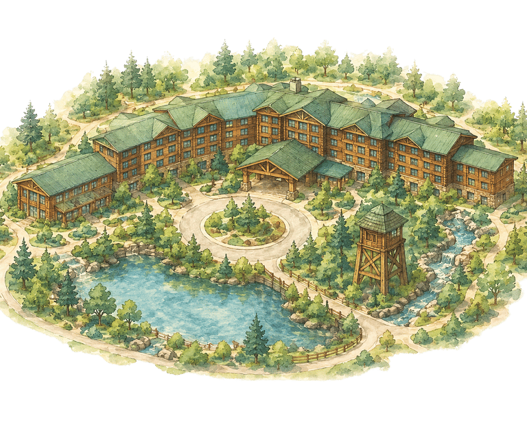 Watercolor illustration of a mountain resort lodge with a scenic pond, pine trees, and rustic architecture.