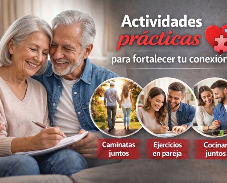 Pareja de adultos mayores realizando actividades prácticas para fortalecer su relación y conexión emocional.