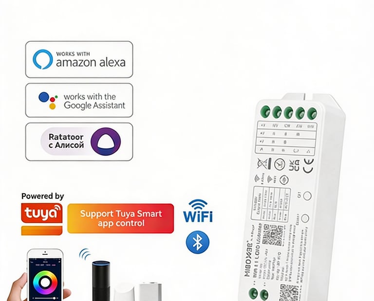 Conexión múltiple: soporta tiras LED RGB, CCT o Monocolor con entrada de 12-24V-48V DC.
