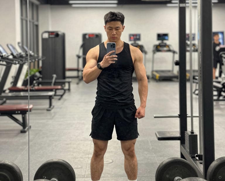 Happy person checking workout progress on a smartphone app at home.