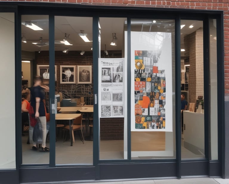 Smiling barista in apron holding a coffee cup, standing behind the counter of a cozy, modern cafe with indoor seating