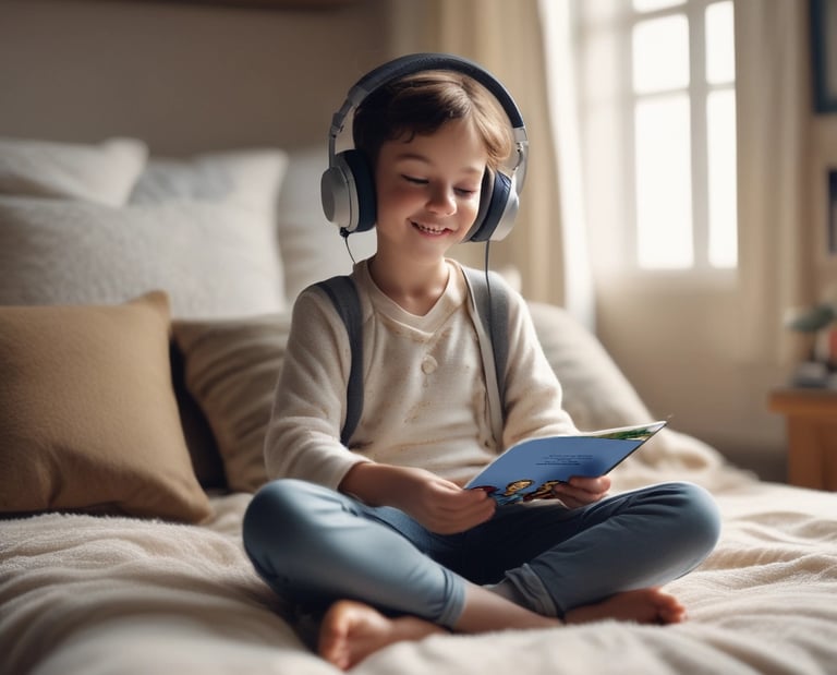 a young boy wearing headphones looking at the journal