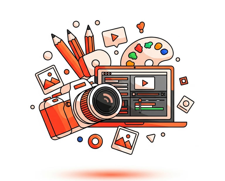 Ilustrasi modern pembuatan konten dengan latar belakang putih. Gambar tersebut menampilkan kamera, laptop dengan layar penged