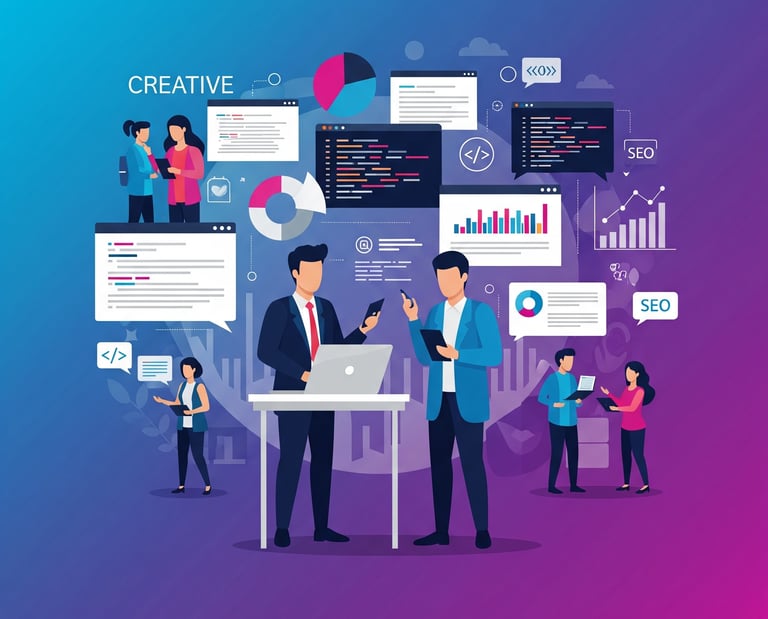 Ilustrasi vektor datar modern yang menampilkan tim bisnis berkolaborasi dalam pemasaran digital dan pengembangan web. Gambar