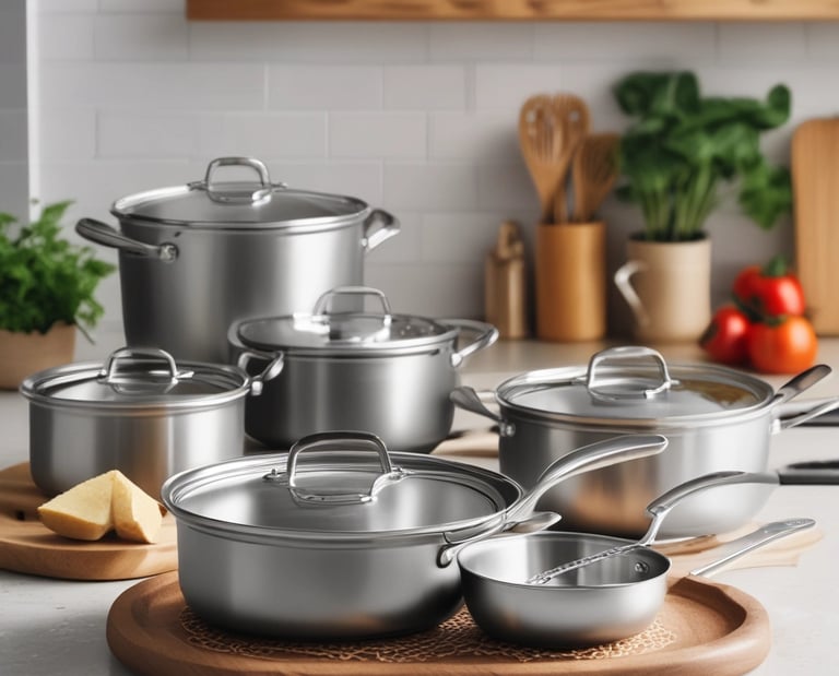 stainless steel cookware on a clean kitchen counter
