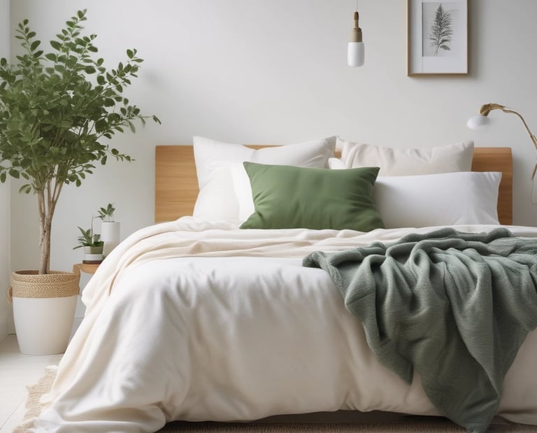 Non-toxic bedding made from organic cotton or linen on a neatly made bed in a bright, airy bedroom