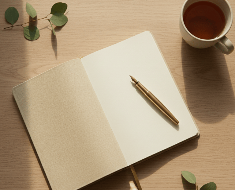 Journal, pen, and cup of tea on a table, perfect for mindful wellness and self-care routines.
