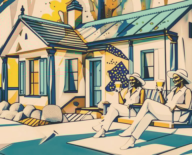 two women sitting on a bench in front of a house