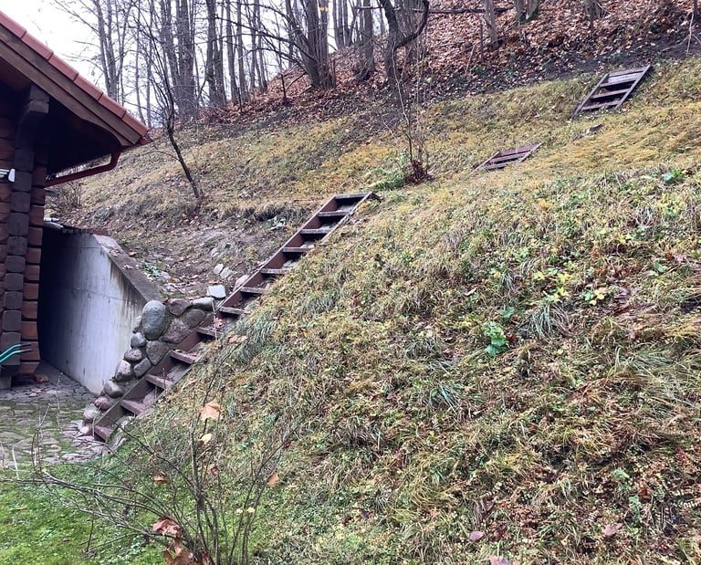 sugrėbti lapai nuo aukšto šlaito