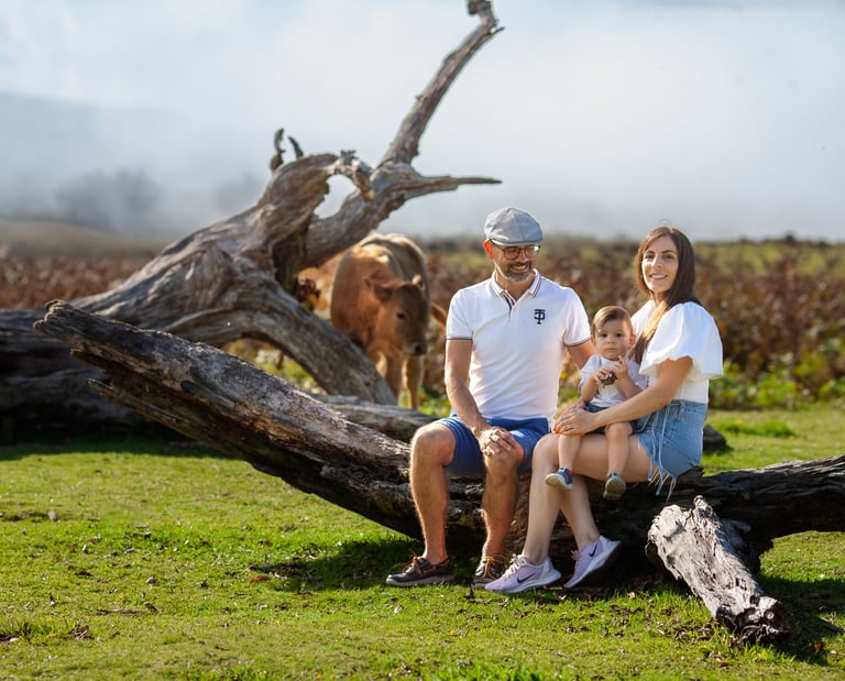 Family sitting together on fallen log in meadow, misty hills and grazing cows visible in background.