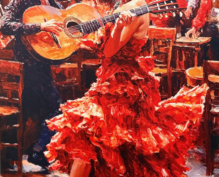 a painting of a Authentic Spanish woman in a red dress dancing 