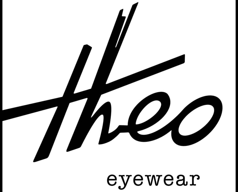 Theo Eyewear brand logo featuring black cursive lettering on a clean white background.