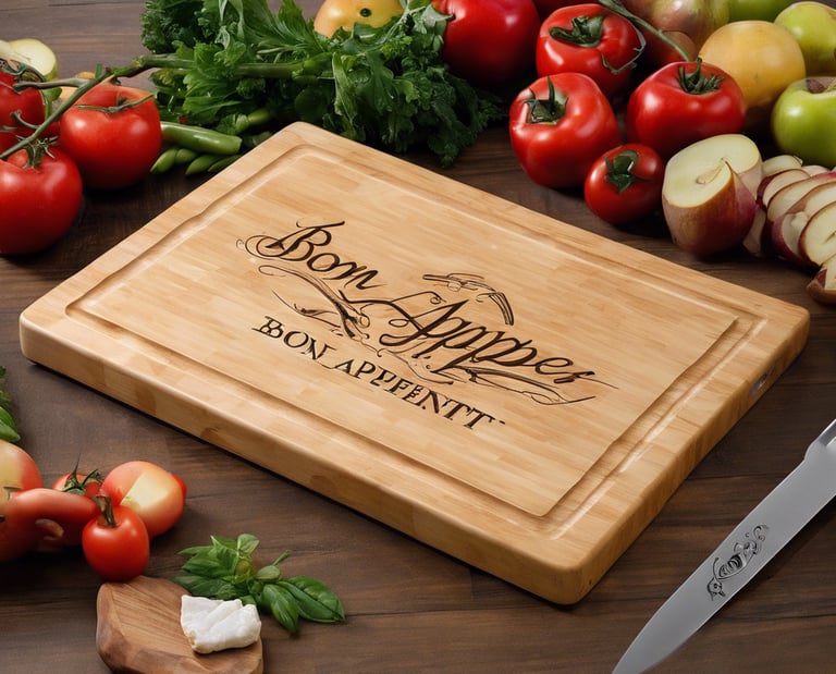 a wooden cutting board with a wine glass and a bottle of wine