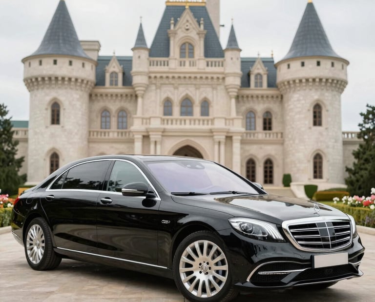 Elegant black luxury car parked in front of a grand event venue at dusk.