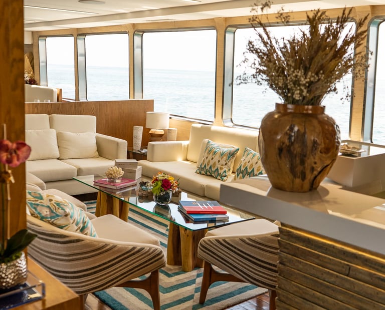 Refined yacht interior lounge with panoramic sea views, showcasing comfort and design