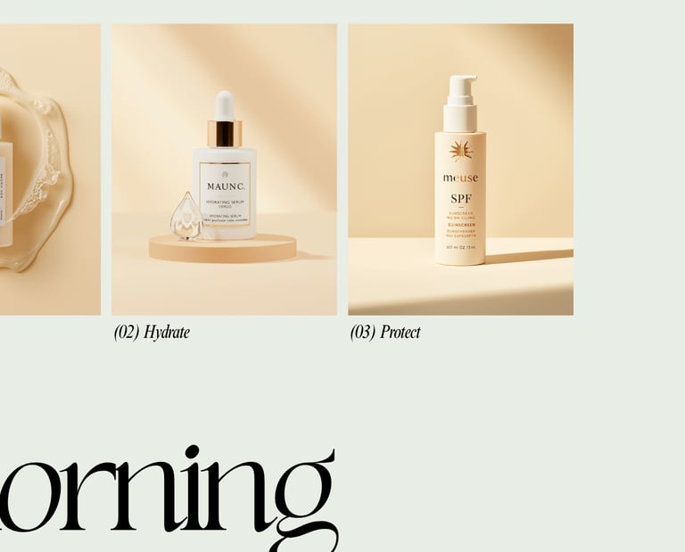 Three-step morning skincare routine featuring a gentle cleanser, hydrating serum, and SPF sunscreen.