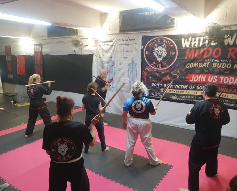 Students practicing Escrima stick fighting techniques during a martial arts class at White Wolf Mudo Ryu dojo.