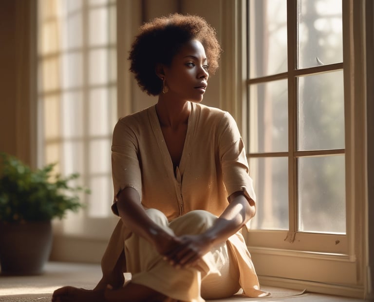A serene image of a woman meditating outdoors at sunrise, symbolizing peace and mental clarity.