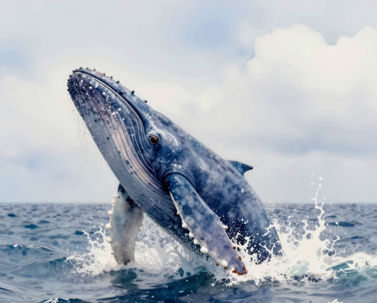 Image of a blue whale emerging from the ocean render.