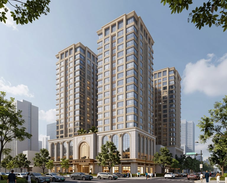 Decorative high end hotel high rise architecture render.