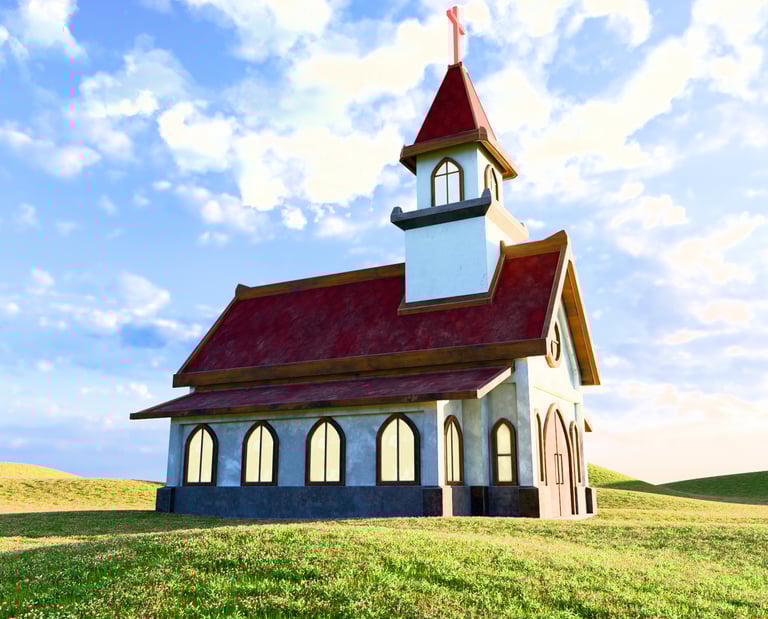 Another 3D render of a little country church in the middle of a grassy field.