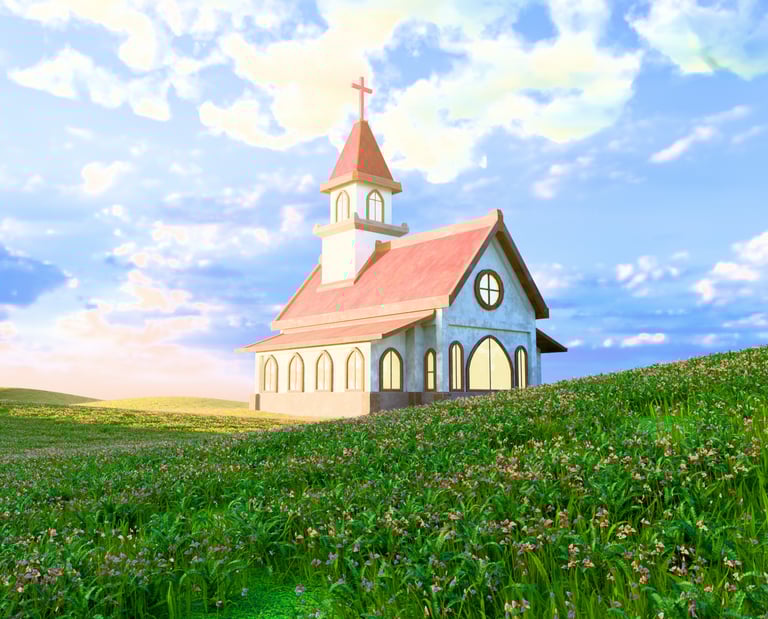 3D render of a little country church in the middle of a field.