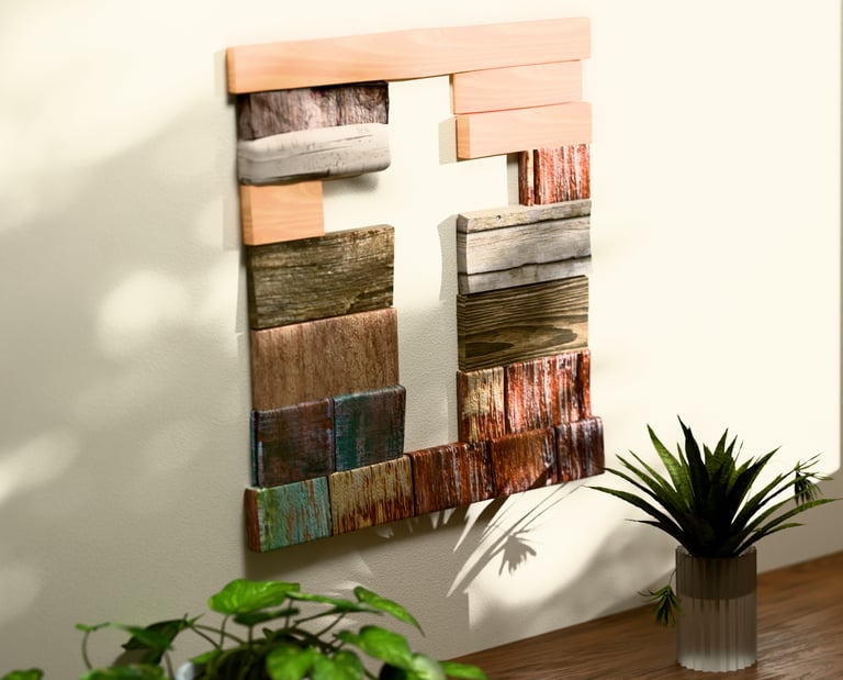 3D render of recycled Christian art hanging on a wall.