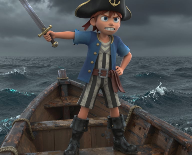 A 3D rendered boy in a sea captain outfit braving the wild ocean and rain by weilding his sword