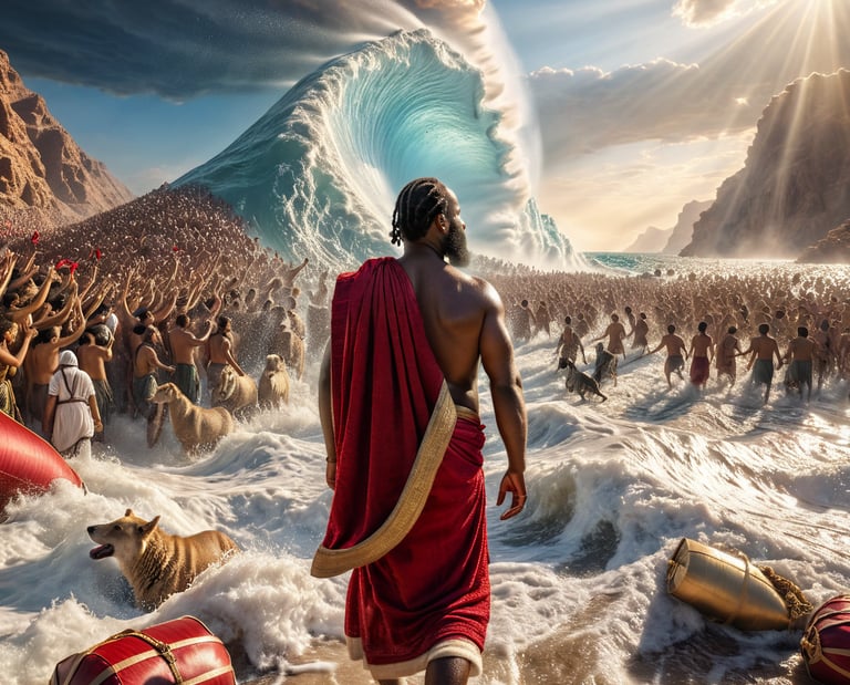 3D render of Moses leading the people across the Red Sea.