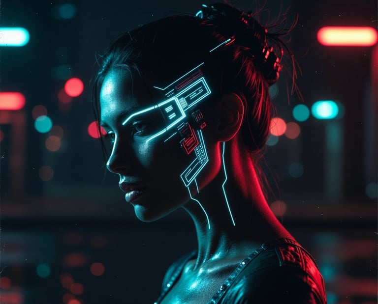 Cyberpunk inspired image of a woman with digital light on her face against a night scene