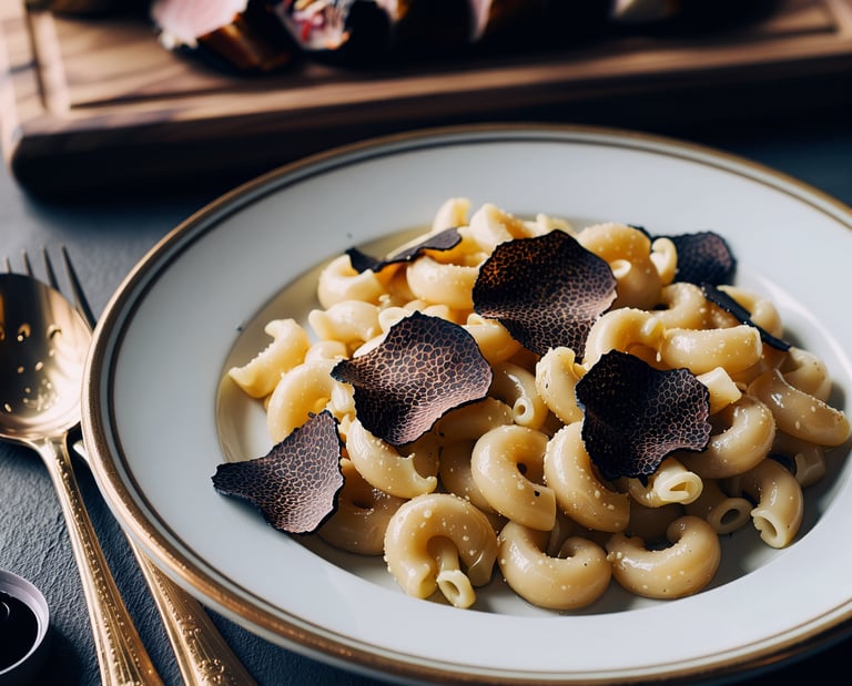 Image of lobster mac and cheese with black truffles made in 3D.