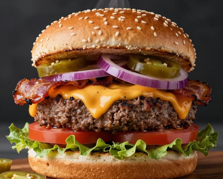 Image of a stacked double bacon and cheese burger.