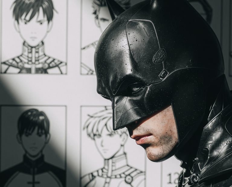 Profile sketch of Batman set against varying concept drawings of Bruce Wayne.