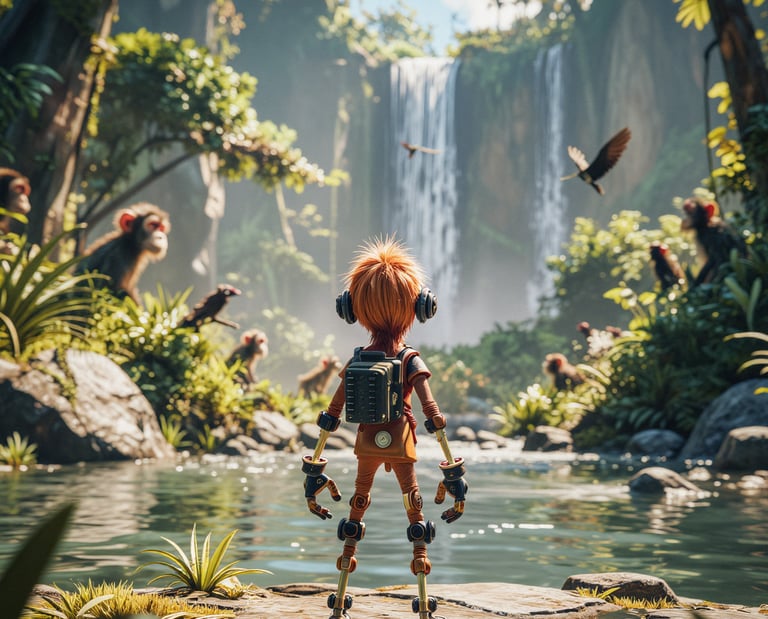 Image of a game character standing in awe in an lush and vibrant world.