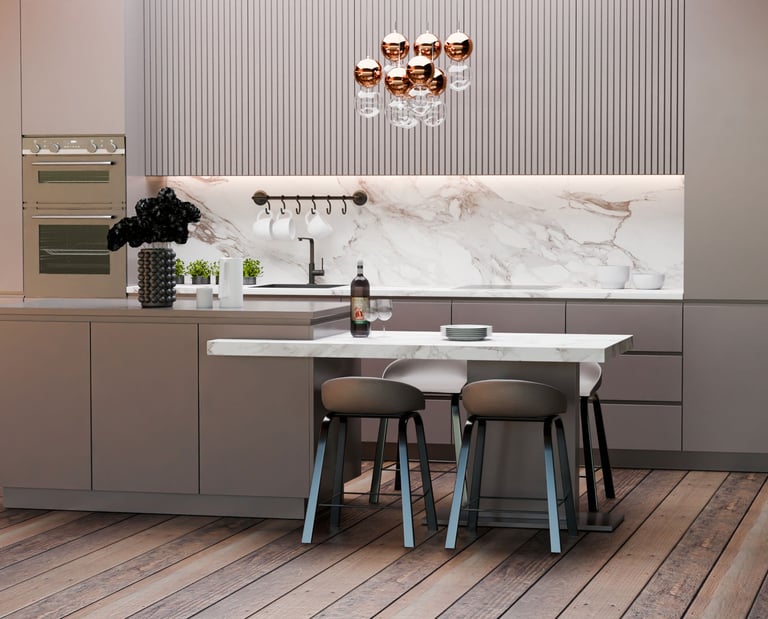 Image of a 3D render of a modern kitchen.