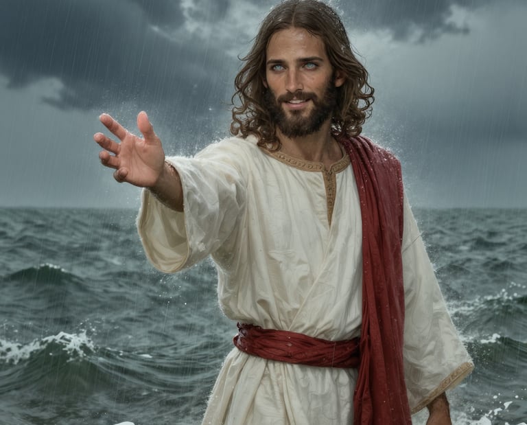 image of Jesus standing in the middle of the sea of Galilee.