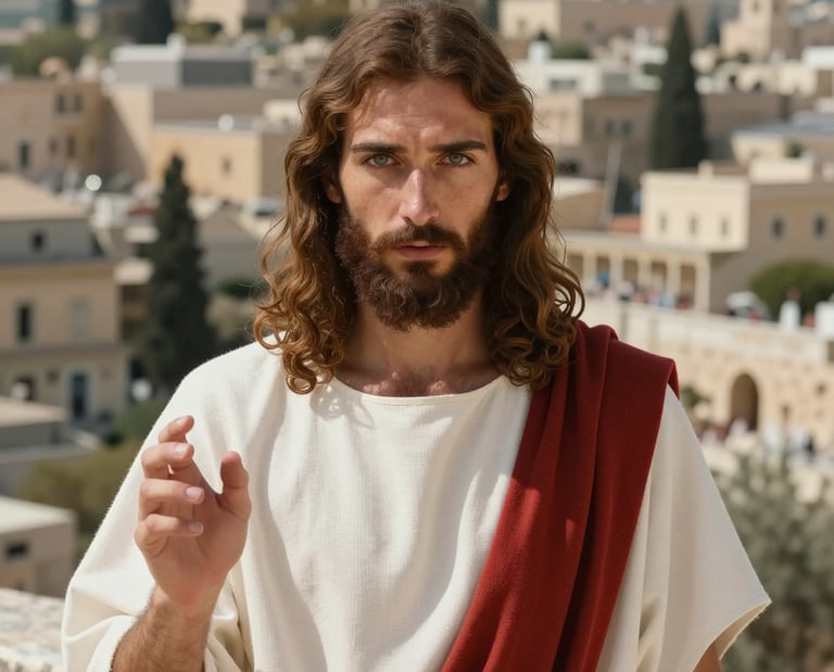 Jesus standing with Jerusalem in the backdrop.