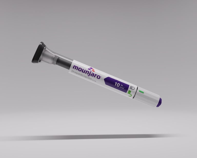 A 3D rendering of a Mounjaro diabetes medication injection pen