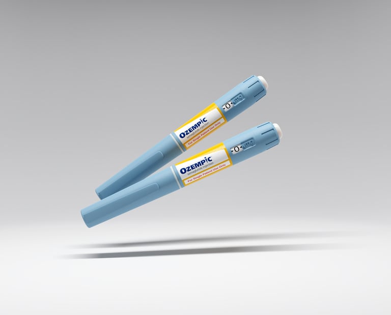 A 3D rendering of two Ozempic medication injection pens