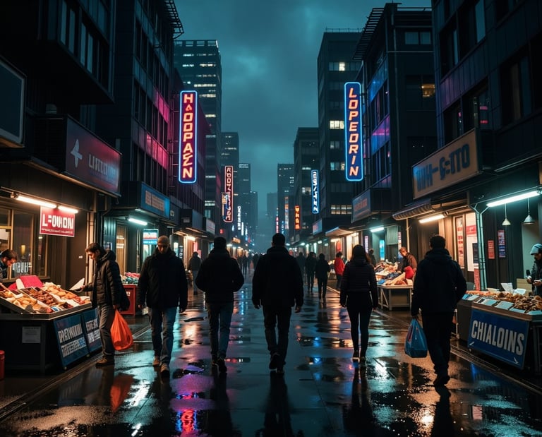 Image of a dystopian night city market.